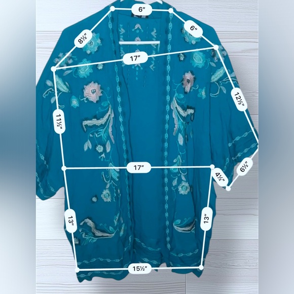 CURATIONS Women’s Boho Turquoise Embroidered Kimono Cardigan - Picture 5 of 7